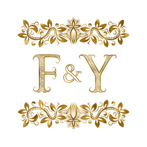 F 和 Y 老式英文缩写标志符号。这些信件被包围装饰性元素。婚礼或业务伙伴会标在皇家风格