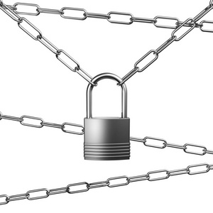 金属银或钢链和白色背景上的挂锁