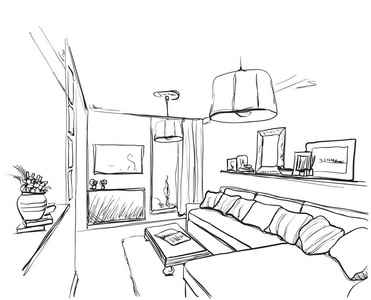 沙发草房间内部草绘.手工绘制的沙发和家具照片