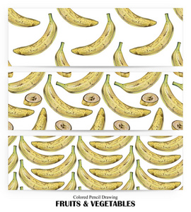 组用黄色的香蕉用彩色铅笔手工绘制无缝模式