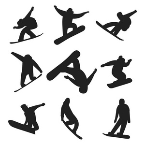 滑雪板跳在不同姿势剪影人矢量