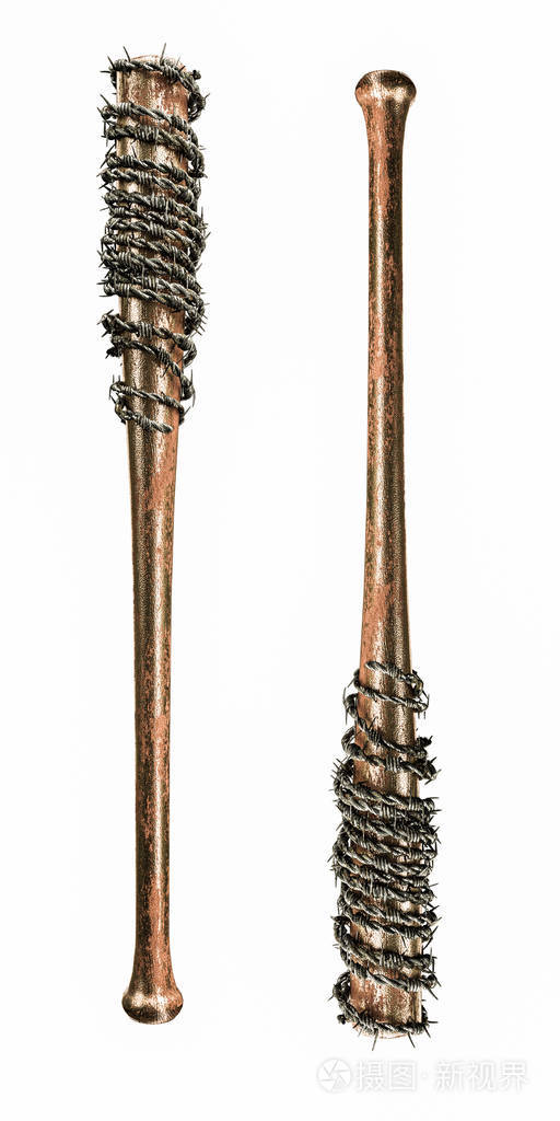 有带刺的铁丝网隔离在白色背景上的棒球棒的3d插图