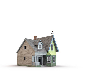 美国的木房子，白色背景上分离出的三维图