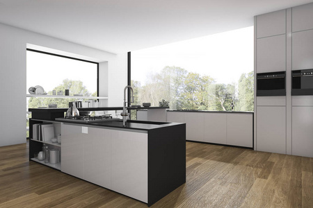 3d 渲染木地板厨房和小饭厅与窗外的景色