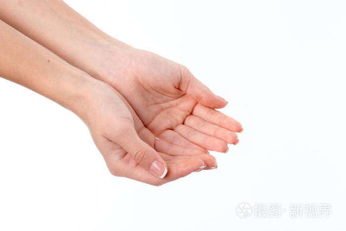 两个女手伸出的手掌部署在白色背景上孤立