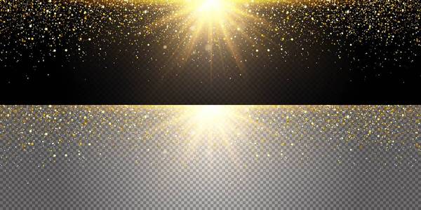 黄金爆炸飞在不同的方向，砂金闪烁。闪闪发亮的圣诞帽设计。与黄金闪光锃亮的贺卡。矢量图