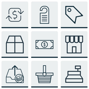 9 电子商务图标集。包括商店，反复出现的 Payements，直到和其他符号。漂亮的设计元素