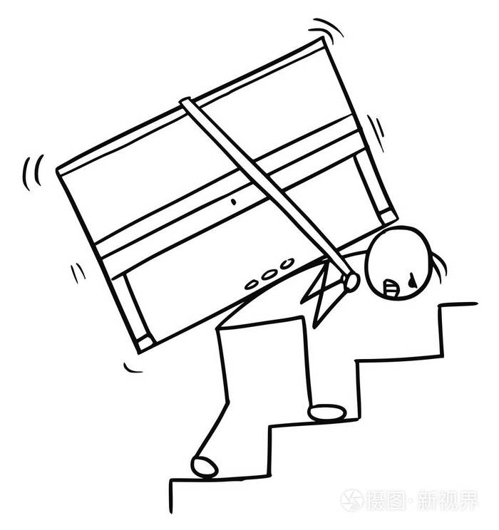 卡通的男子手持一架钢琴上楼梯插画