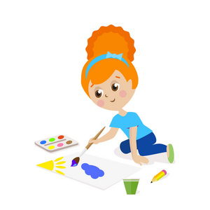 动漫人物坐在电脑前图片女孩坐在地板上画一幅画.孩子被从事创造性.