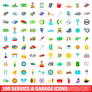 100 服务和车库图标设置 卡通风格