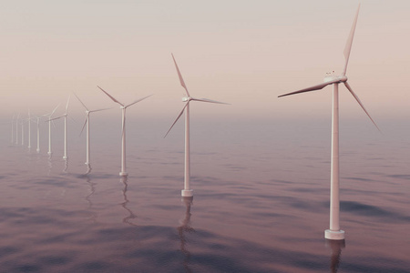 美丽风力涡轮机在海，海洋。清洁能源，风能 生态的概念。3d 渲染