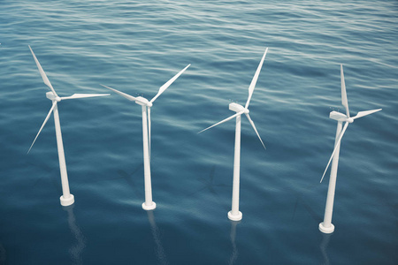 离岸的风力涡轮机在大海的鸟瞰图。清洁能源 生态的概念。3d 渲染