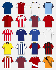 足球俱乐部的足球工具包或足球球衣模板集。足球服装模拟了。足球球衣前面观