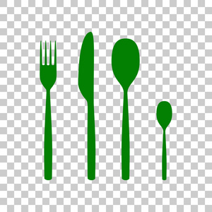 刀和叉勺签署。在透明背景上的暗绿色图标