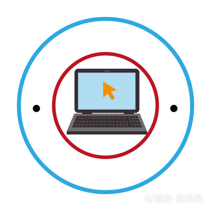 与带有箭头的笔记本电脑多彩圆形边界