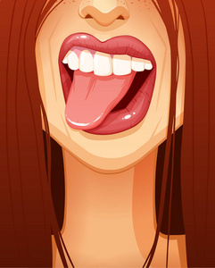 的女人的嘴里伸出她的舌头的特写镜头