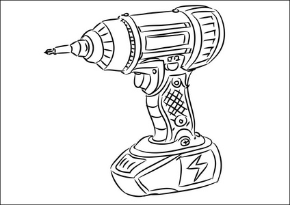用木头和钻头在黑色背景上的电钻特写.电动工具.手动电池螺丝刀.
