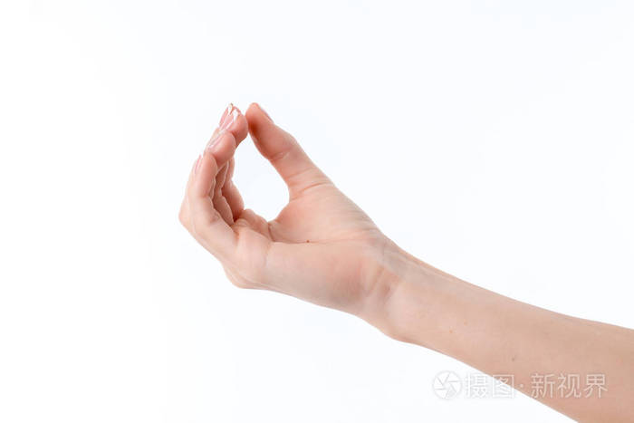女性的手伸出来的推进紧握在你的手指孤立在白色背景一圈