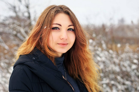 美丽的少女在冬季寒冷多雪林图片