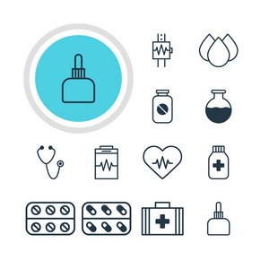 矢量图的 12 医学图标。可编辑包阿司匹林 医疗包 脉冲和其他元素