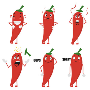红辣椒卡通图有趣的红辣椒.设置表情符号.卡通.笑声,愤怒, 悔恨.