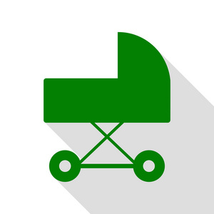 婴儿车标志图。绿色图标，带平面样式阴影路径