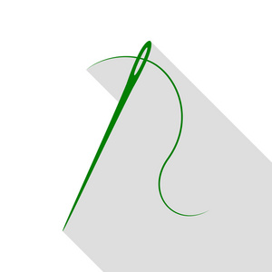 带螺纹针。缝衣针，缝针。绿色图标，带平面样式阴影路径