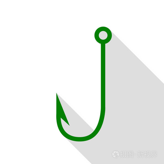 钓鱼钩标志图。绿色图标，带平面样式阴影路径