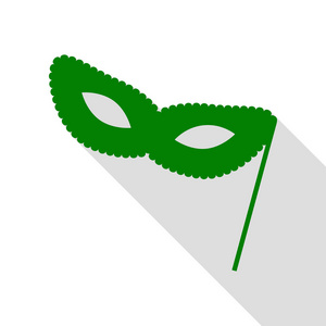 传统的威尼斯嘉年华装饰掩码标志。绿色图标，带平面样式阴影路径