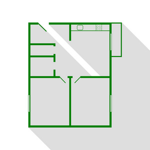 公寓楼计划。绿色图标，带平面样式阴影路径