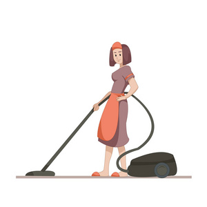 管家或家庭主妇会让在家打扫用吸尘器。白色背景上孤立的扁平人物。矢量图 Eps10