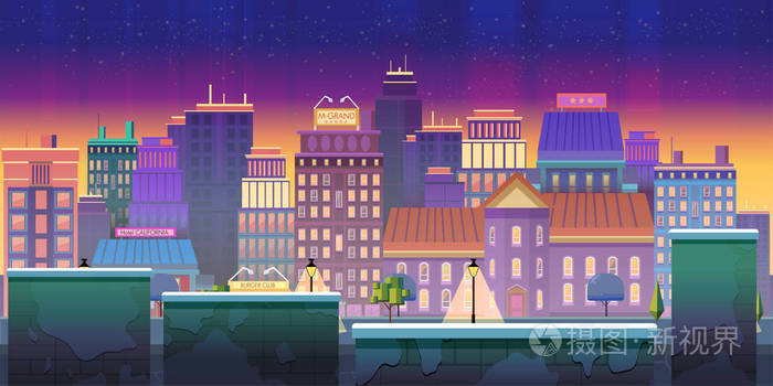 城市游戏背景 2d 游戏中的应用.矢量设计.花木水平