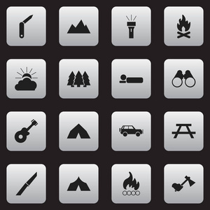 16 可编辑旅行图标集。包括符号日出 帐篷 灯笼等。可用于 Web 移动 Ui 和数据图表设计