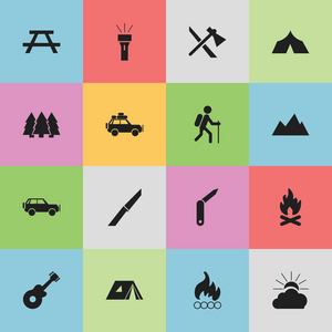 16 可编辑旅行图标集。包括发热 桌子 航行车等符号。可用于 Web 移动 Ui 和数据图表设计