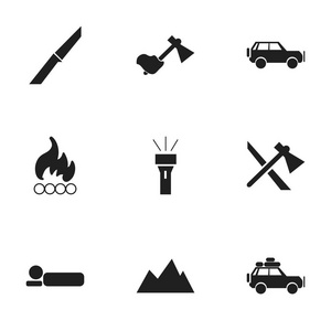 9 可编辑野营图标集。包括火焰 航行车 斧头等符号。可用于 Web 移动 Ui 和数据图表设计