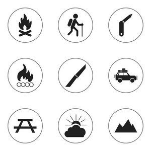 9 可编辑旅行图标集。包括符号日出 发烧 办公桌等。可用于 Web 移动 Ui 和数据图表设计
