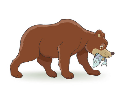 棕熊吃太阳眼镜卡通棕熊与白色的鱼.矢量照片