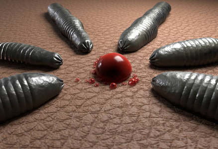 血滴在人体皮肤 3d 图水蛭蠕虫目标照片