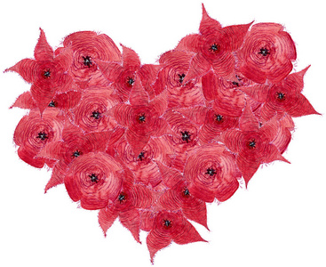 火红的花朵形状的一颗心。水彩插图