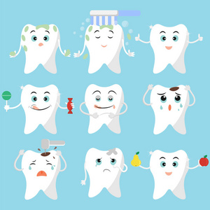 可爱的牙齿。一组字符。平面样式。预防和治疗龋齿。滑稽和悲伤的表情牙齿。矢量图