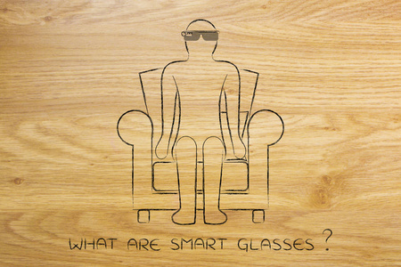 使用增强的现实眼镜坐在椅子上的男人