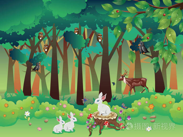 夏季森林和动物插画-正版商用图片0xj152-摄图新视界