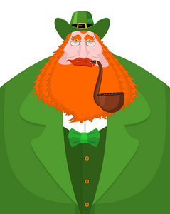 圣帕特里克日妖精留着红胡子，管。绿色的帽子