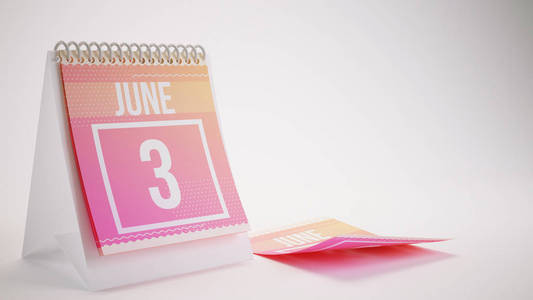 3d 渲染时髦颜色日历在白色背景上   6 月 3 日