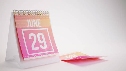 3d 渲染时髦颜色日历在白色背景上   6 月 29 日