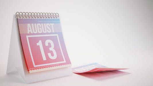 3d 渲染时髦颜色日历上白色背景八月