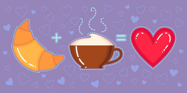 羊角面包 咖啡杯和紫罗兰色背景上的红色心搞笑矢量图