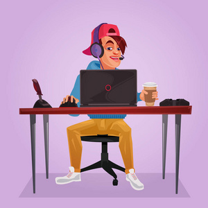 一名少年正坐在笔记本电脑的插图