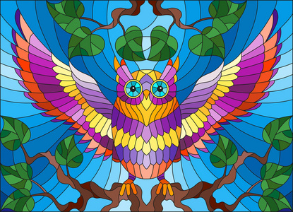 在彩色玻璃风格与神话般色彩缤纷的猫头鹰,坐在一根树枝对着天空图
