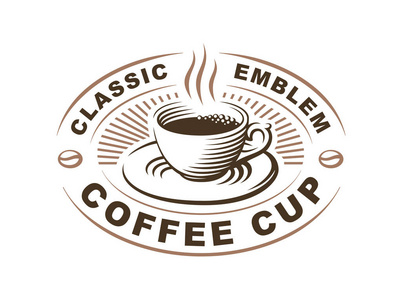 咖啡杯标志矢量图中，白色背景上的标志